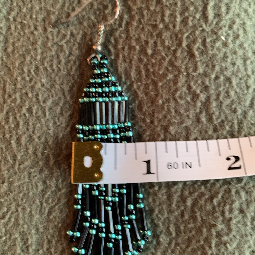 Handmade Native American beaded earrings.  Turquoise and black. Approx 3” long - Picture 4 of 4